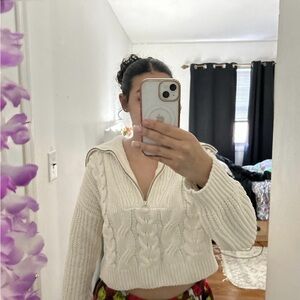 Pink Rose Cream V-Neck Cable Knit Sweater